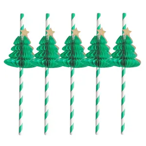 Bambus หลอดกระดาษลายทางสีเขียวลายทางสำหรับดื่มคริสต์มาส