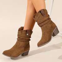 Bottes de cowboy western mi-mollet à talons épais et bout en V, tendance automne-hiver-printemps, en faux daim à enfiler pour femme