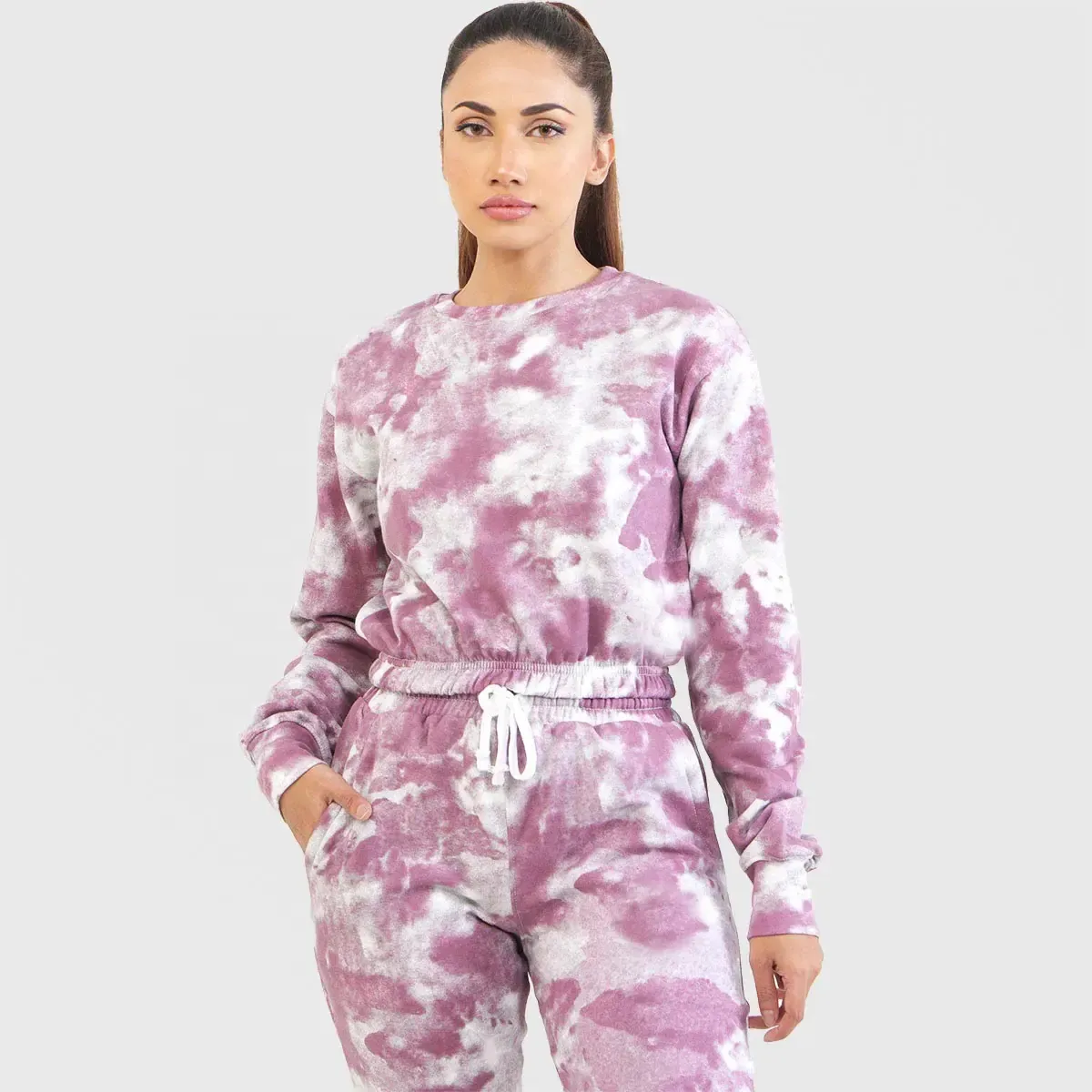 OEM al por mayor nuevo diseño 2023 Tie Dye impreso mujer conjunto de dos piezas cremallera con capucha Top corto y cintura elástica pantalones chándales