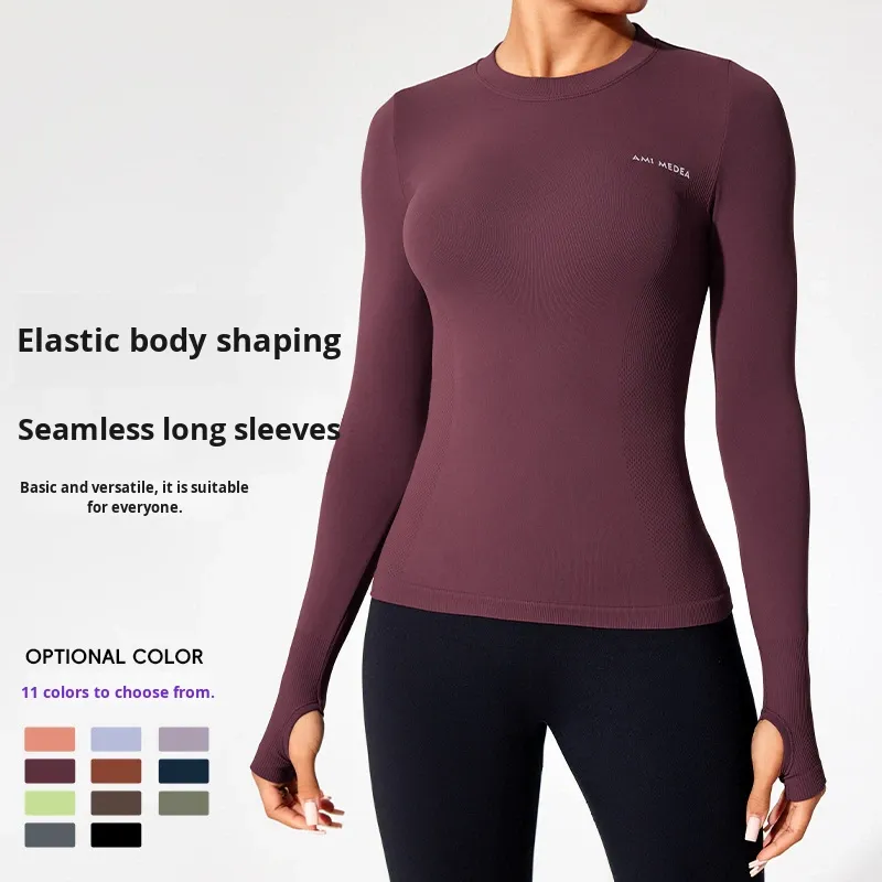 Women's Long-sleeved Fleece Sports Top Slimming Quick Drying Crew Neck Tight-fitting Solid Color Pullover Yoga Running T-shirt
