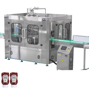 Domates püresi BİBER SOSU şişe doldurma kapaklama makinesi ile yapışkanlı etiketleme makinesi