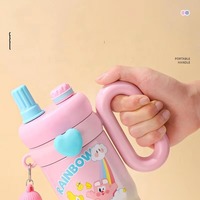 Bouteille d'eau JUNVOY 850 ml en acier inoxydable 316, gobelet double paroi avec poignée, tasse à paille mignonne à motif de dessin animé pour enfants, étudiants et école