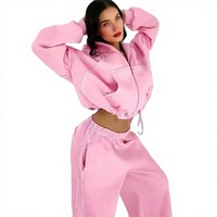 Ensemble de survêtement unisexe 2 pièces oversize avec sweat à capuche court et pantalon de survêtement assorti en polyester et coton avec fermeture éclair
