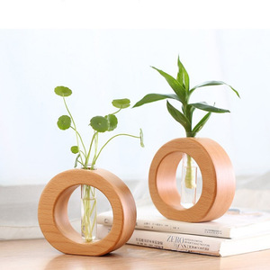 Jarrón hidropónico de madera con tubo de vidrio para plantas de interior, decoración minimalista para escritorio - Product Image 1