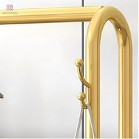 Porte-vêtements sur pied moderne en métal doré poli avec éclairage LED et étagère inférieure, couleur personnalisable pour la maison, la chambre et le salon