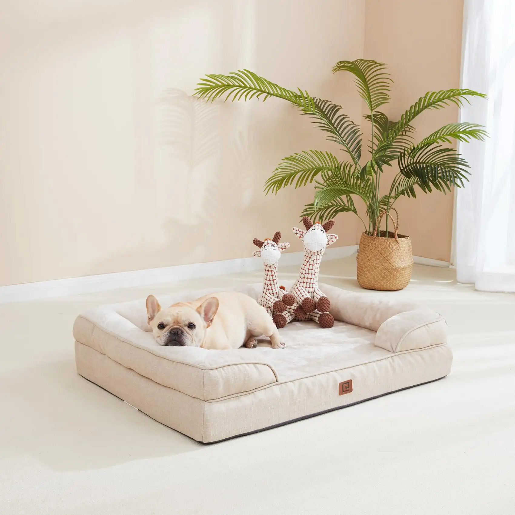 स्मेल कुत्तों के लिए आर्थोपेडिक कुत्ते का बिस्तर, 30.0_L x 20.0_W x 6.5_Th बेज वाटरप्रूफ मेमोरी फोम कुत्ते का बिस्तर किनारों के साथ