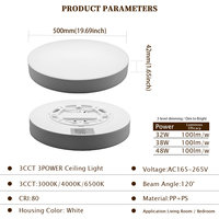 Plafonnier LED rond en matériau PP, grande puissance 32W/38W/48W, 3 températures de couleur et 3 niveaux de puissance modifiables par interrupteur, 165-265V, IP20