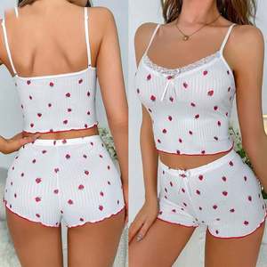 Conjunto de 2 Piezas de Pijama para Mujer, Estilo I-0632, Superventas, Estampado de Fresas, Rayas, Sin Mangas y Pantalones Cortos, Ropa de Dormir para Mujer - Product Image 2