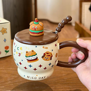 แก้วเซรามิคลายการ์ตูนแฮมเบอร์เกอร์พร้อมฝาและช้อน ขนาดใหญ่ สำหรับใช้ในบ้าน เหมาะเป็นของขวัญวันเกิดสำหรับผู้หญิง - Product Image 3