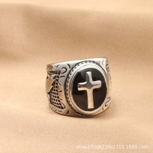 Men's Titanium Steel Cross <b>Ring</b> Retro Silver Inlay Gift Jewelry - Product Image 2