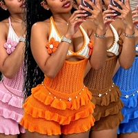 Combinaison et combishort tendance pour femmes, vêtements d'été, boutique, col halter, tricoté, sans manches, fleurs 3D, une pièce, pour femmes