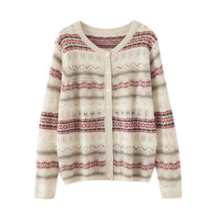 Женский полосатый кашемировый кардиган, оптовая продажа от фабрики OEM и ODM, тонкий кашемировый свитер с круглым вырезом и ажурными вставками - Product Image 1