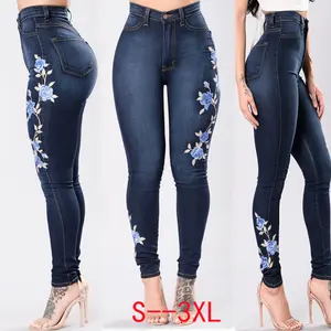 Celana Panjang Denim Wanita, Celana Pensil Ukuran Besar Bordir Pinggang Tinggi Melar Motif Bunga