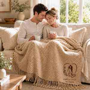 Custom Embroidered Throw <b>Blanket</b> with Names and Anniversary Date, Bobble Textured <b>Knit</b> <b>Blanket</b> with Tassel Fringe - Product Image 4
