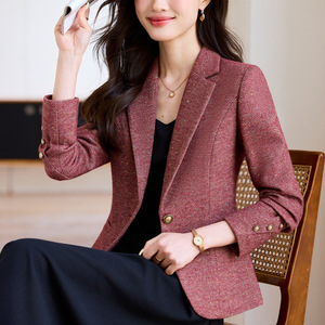Women's Wool Blazer Maroon Solid Color Slim Fit Anti-Wrinkle Autumn Winter 2025 - Product Image 1