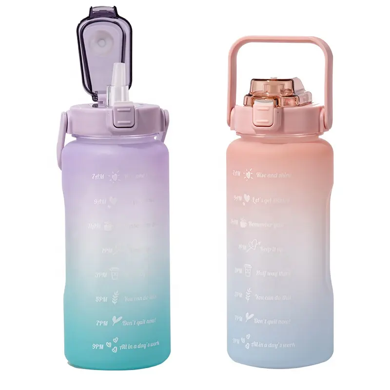 Bouteille d'eau de grande capacité 2L, tasse de paille en plastique haute température, échelle de temps, givré Sports de plein air, tasse de Couple pour étudiants