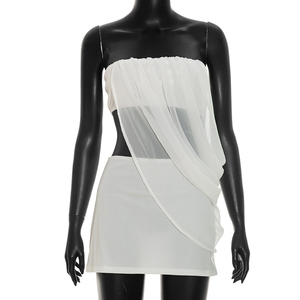 Viviblook D26ST148 Women Summer Set Solid Color Sexy Sleeveless Chiffon <b>Patchwork</b> Strapless Top Mini Bodycon <b>Skirt</b> Two Piece Set - Product Image 1