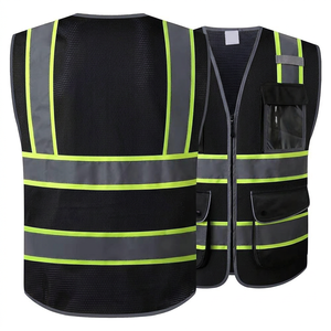 Chaleco de Seguridad Negro de Alta Visibilidad Personalizado con Franjas Reflectantes y Múltiples Bolsillos, Ropa de Trabajo Unisex de Poliéster - Product Image 2