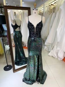 <span class=keywords><strong>Robe</strong></span> de soirée sirène à paillettes noires irisées, avec appliques en dentelle <span class=keywords><strong>noire</strong></span>, col en V profond et <span class=keywords><strong>dos</strong></span> lacé, <span class=keywords><strong>robe</strong></span> de cérémonie - Product Image 1