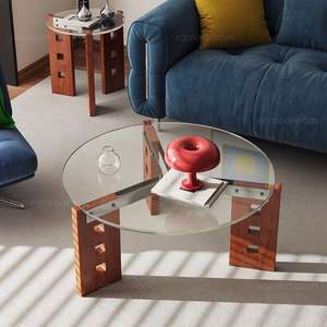 Mesa de centro de cristal Bauhaus de 50 cm de diámetro con base de madera maciza, muebles modernos para sala de estar - Product Image 1