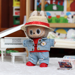 Labubu <b>Doll</b> Clothes Denim Outfit Red Shirt Striped Hat For Vinyl <b>Doll</b> Keychain Accessories Unisex 8 13 Years China Made - Product Image 2