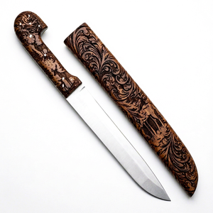 Outil utilitaire long en acier satiné, fait main, avec fourreau en bois sculpté à la main pour la faune - Product Image 1