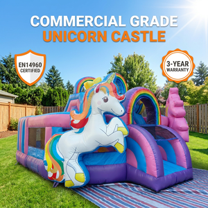 Château gonflable licorne en PVC de qualité commerciale DFRL, thème arc-en-ciel, avec toboggan, pour événements et fêtes d'enfants, <span class=keywords><strong>location</strong></span> 3 ans - Product Image 1