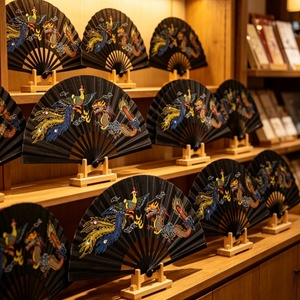 Abanico Plegable Negro Pintado con Patrón Tradicional de Dragón y Fénix, Símbolo Chino de la Suerte, Recuerdo de Boda, Decoración de Pared para Salón de Té, Artes Marciales - Product Image 4