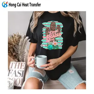 Hongcai 3d Strass Print Overdracht Korte Mouw Custom Vinyl Warmteoverdracht Film Logo Of Ontwerp 100% Katoenen Dames T-Shirt