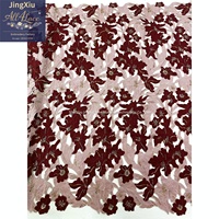 Tissu en dentelle de luxe rose poudré bordeaux, guipure florale 3D, appliqué en velours, broderie perlée et sequins, pour robe de soirée et robe de mariée