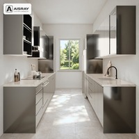 Meuble de cuisine modulaire avec portes en acrylique, aménagement contemporain en îlot central, dimensions personnalisées, boîtes de rangement en MDF et tiroirs à fermeture amortie