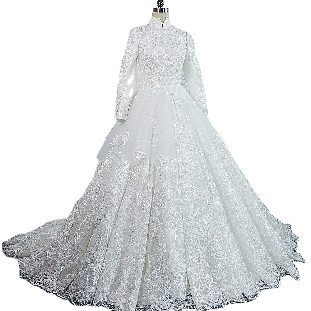 RSW1637 Arab High Neckline 2021 Vintage Lace Bride Wedding Dress Long Sleeves Modest Muslim Plus Size Bridal Gowns