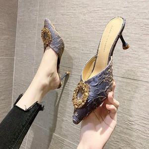 Popular New Slippers Women Summer Half Slippers Women Rhinestone High Heels Stiletto Toe Sandals - Product Image 5
