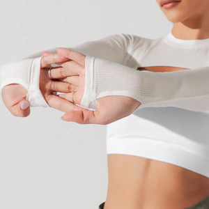<strong>Women</strong> <strong>White</strong> Ribber Long Sleeve Pullover Workout <strong>Shrug</strong> Cropped Top With Thumb Hole - Product Image 3
