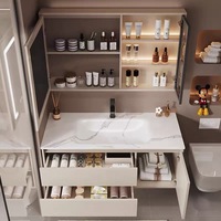 Ensemble de meuble-lavabo de salle de bain moderne personnalisé, style français, tons chauds, avec lavabo intégré en pierre frittée thermoformée