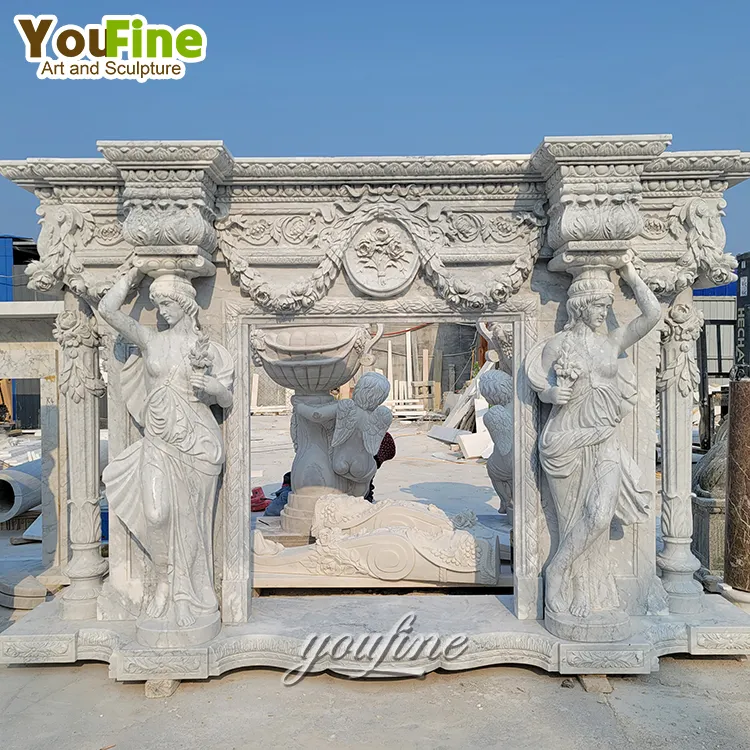 Luxury design hand carved natural stone marble fireplace sculpture