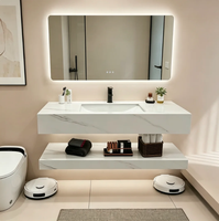 Étagère de salle de bain au design minimaliste, meuble-lavabo en dalle de pierre pour hôtel, miroir LED intelligent pour la rénovation de villa OEM/ODM