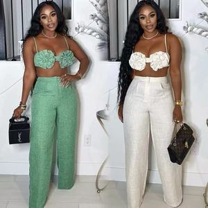 C241214 Elegante Completo Donna con Top a <span class=keywords><strong>Fiori</strong></span> e Pantaloni Lunghi Dritti per Uso Quotidiano - Product Image 1