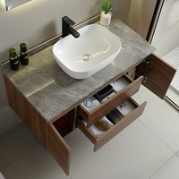 Meuble-lavabo flottant moderne et minimaliste en contreplaqué couleur noyer avec plan de travail en pierre et miroir LED rectangulaire