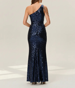 Đầm dạ hội nữ màu xanh navy đính sequin, một dây, phối chuỗi hạt, tua rua, xẻ cao, lấp lánh, sang trọng - Product Image 3