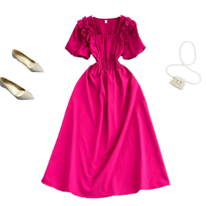 Vestido Midi Casual de Verano para Mujer, Estilo Vintage Sostenible, Cuello Cuadrado, Tejido, Corte Regular, con Volantes y Encaje, Color Liso - Product Image 1