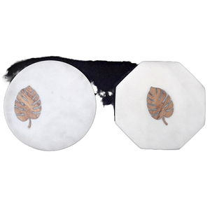 Sous-verre hexagonal rond en marbre blanc avec incrustation de feuilles de bois Ensemble de 4 pièces classique minimaliste écologique avec support - Product Image 1