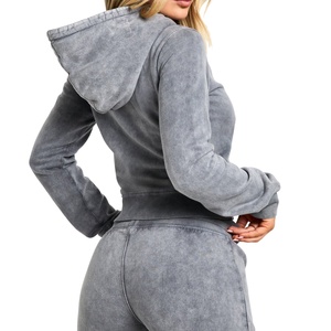 New Arrival Custom logo Women Casual <b>Zip</b>-<b>up</b> Hoodie Vintage Washed <b>Cropped</b> Fleece Sweatshirt - Product Image 2
