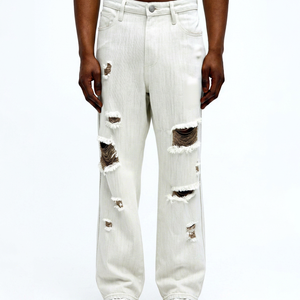 Jeans Desgastados de Lavado Claro para Hombre – Estilo Urbano Holgado con Roturas y Agujeros, Diseño Clásico de 5 Bolsillos, Denim Casual y Moderno - Product Image 1
