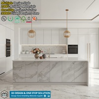Lemari Dapur Kustom Desain Proyek Apartemen dengan Pintu Kaca Lacquer Abu-Abu Muda Modern, Terintegrasi LED, dan Sistem Soft Close