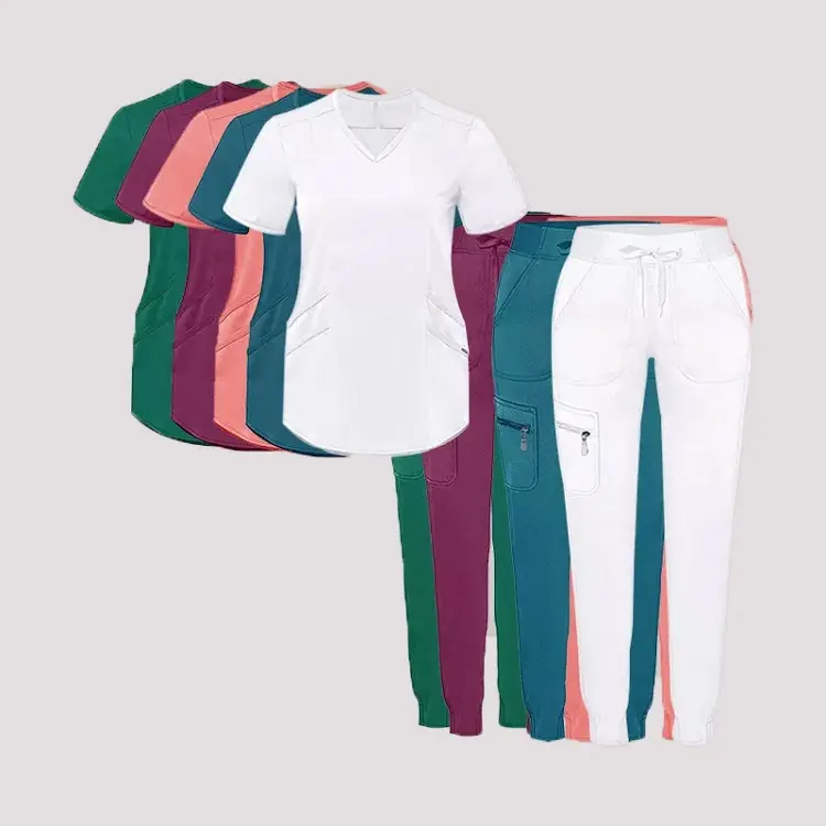 Wholesale Spandex Polyester Comfortable Medical Scrub Tops Uniforms Nursing Hospital Sets Nurse Workwear With Printed Design