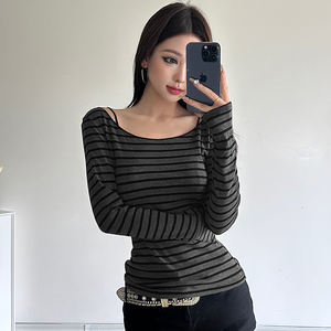 INS Style <b>Off</b> Shoulder <b>Striped</b> Slim Fit Long Sleeve Top Y2K Minimalist Streetwear Bodycon Tee - Product Image 6