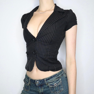 Chemise de costume rayée à manches courtes, col en V profond, boutonnée, chemise asymétrique courte pour le bureau - Product Image 4