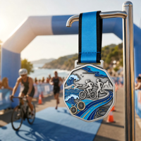 Médaille personnalisée en alliage de zinc moulé sous pression, couleur plaquée, ruban bleu, design octogonal pour événement de marathon