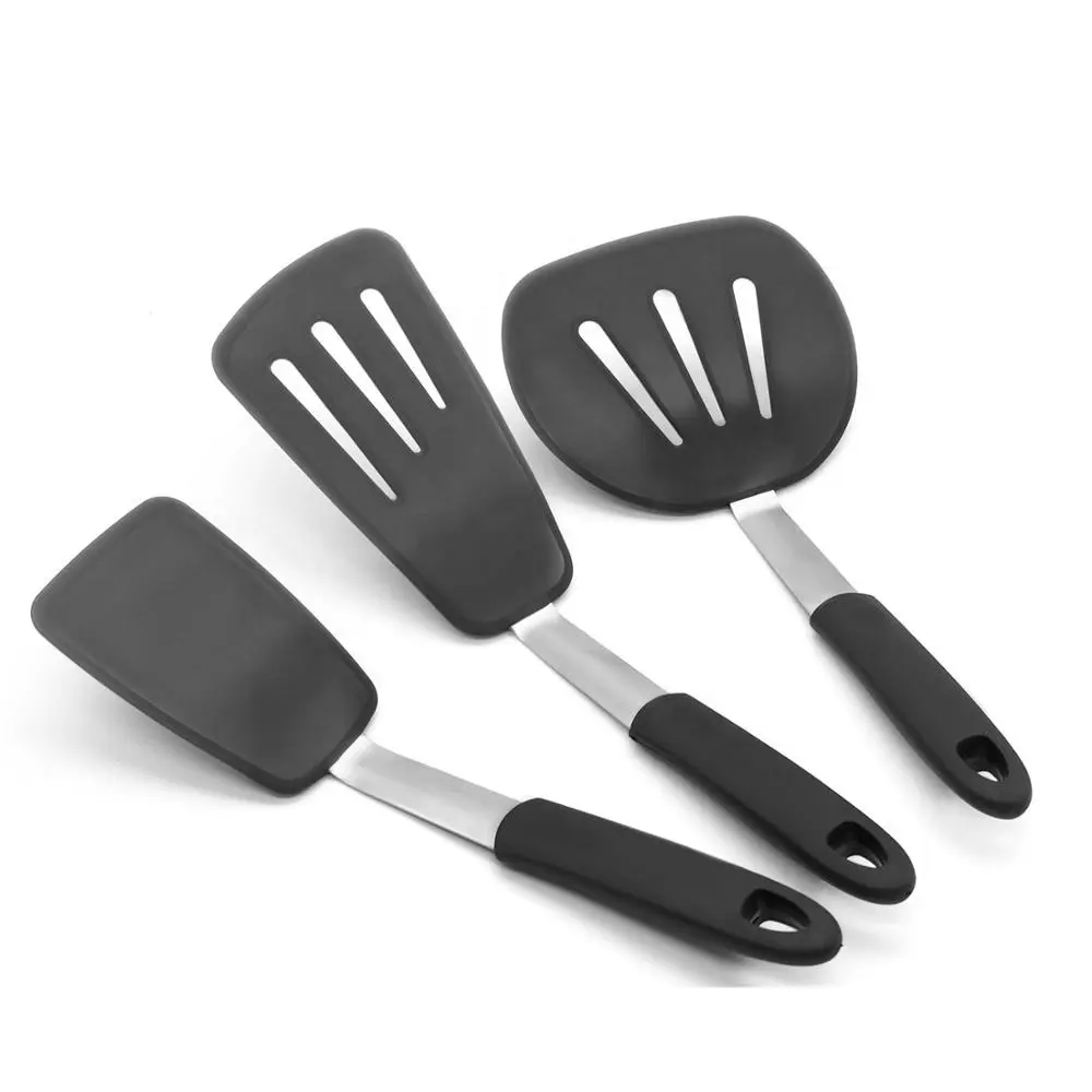 Set Spatula Pengaduk Silikon 3 Buah, Set Spatula Silikon Karet Fleksibel untuk Pembalik Telur, Sirip Pancake, Spatula Dapur